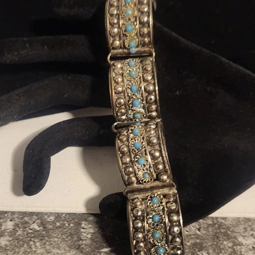 Vintage‎ Silver Tone Arched Link Bracelet Turquoise Bead Southwestern Boho Hook